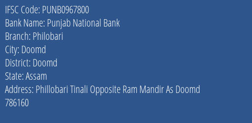 Punjab National Bank Philobari Branch Doomd IFSC Code PUNB0967800