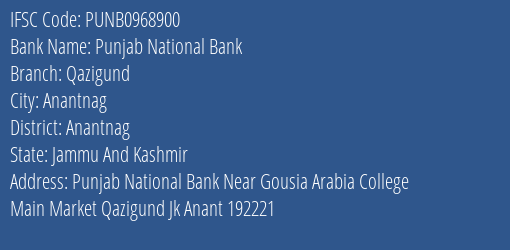 Punjab National Bank Qazigund Branch Anantnag IFSC Code PUNB0968900