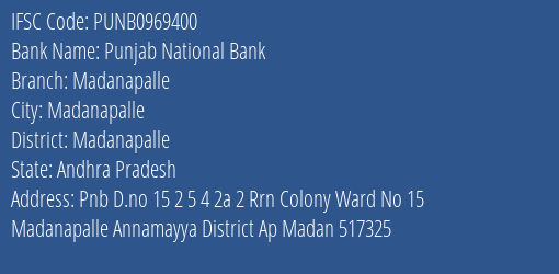 Punjab National Bank Madanapalle Branch Madanapalle IFSC Code PUNB0969400