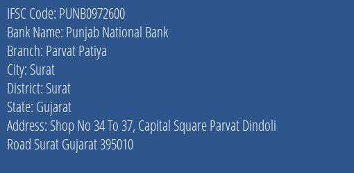 Punjab National Bank Parvat Patiya Branch Surat IFSC Code PUNB0972600