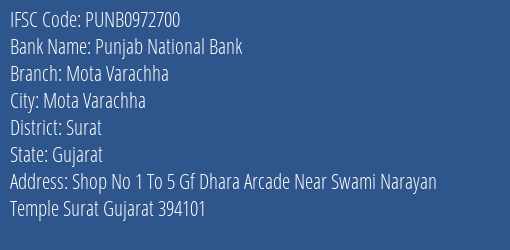Punjab National Bank Mota Varachha Branch Surat IFSC Code PUNB0972700