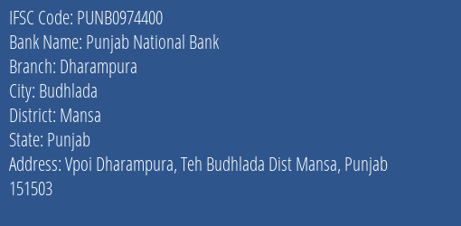 Punjab National Bank Dharampura Branch Mansa IFSC Code PUNB0974400
