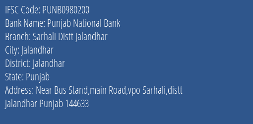 Punjab National Bank Sarhali Distt Jalandhar Branch Jalandhar IFSC Code PUNB0980200