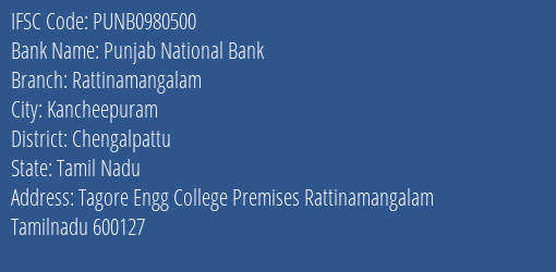 Punjab National Bank Rattinamangalam Branch Chengalpattu IFSC Code PUNB0980500