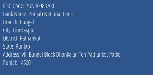 Punjab National Bank Bungal Branch Pathankot IFSC Code PUNB0983700
