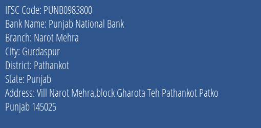 Punjab National Bank Narot Mehra Branch Pathankot IFSC Code PUNB0983800