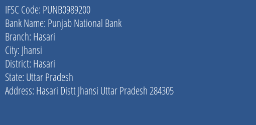 Punjab National Bank Hasari Branch, Branch Code 989200 & IFSC Code Punb0989200