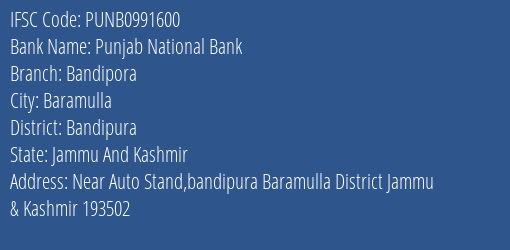 Punjab National Bank Bandipora Branch Bandipura IFSC Code PUNB0991600