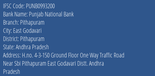 Punjab National Bank Pithapuram Branch Pithapuram IFSC Code PUNB0993200