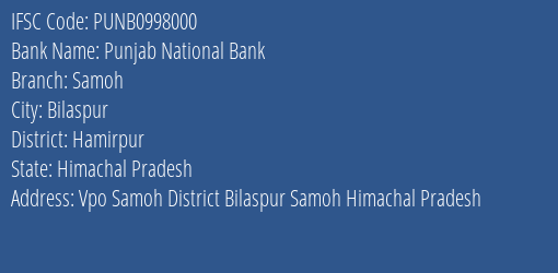 Punjab National Bank Samoh Branch Hamirpur IFSC Code PUNB0998000