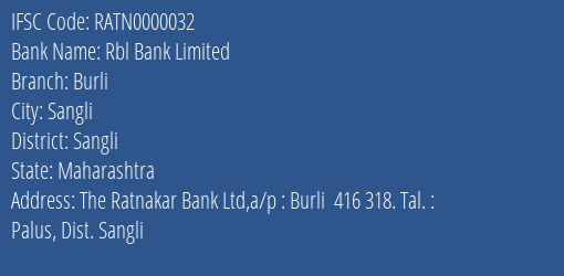 Rbl Bank Burli Branch Sangli IFSC Code RATN0000032