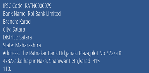 Rbl Bank Karad Branch Satara IFSC Code RATN0000079
