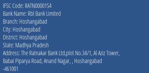 Rbl Bank Limited Hoshangabad Branch, Branch Code 000154 & IFSC Code Ratn0000154