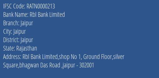 Rbl Bank Jaipur Branch Jaipur IFSC Code RATN0000213