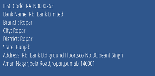 Rbl Bank Ropar Branch Ropar IFSC Code RATN0000263