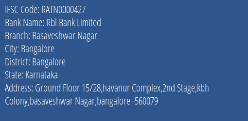 Rbl Bank Basaveshwar Nagar Branch Bangalore IFSC Code RATN0000427