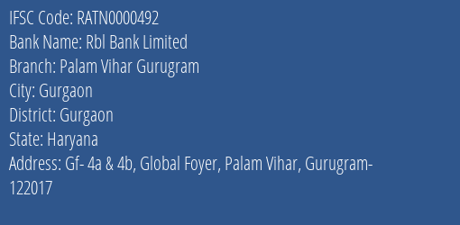 Rbl Bank Palam Vihar Gurugram Branch Gurgaon IFSC Code RATN0000492