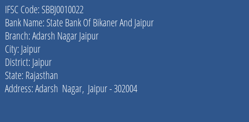 State Bank Of Bikaner And Jaipur Adarsh Nagar Jaipur Branch Jaipur IFSC Code SBBJ0010022