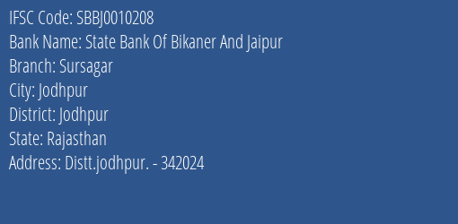 State Bank Of Bikaner And Jaipur Sursagar Branch Jodhpur IFSC Code SBBJ0010208
