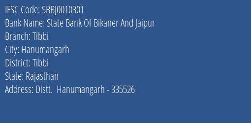 State Bank Of Bikaner And Jaipur Tibbi Branch Tibbi IFSC Code SBBJ0010301