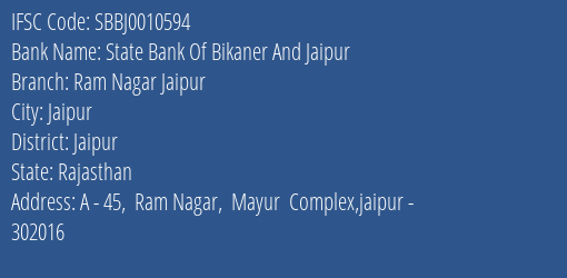 State Bank Of Bikaner And Jaipur Ram Nagar Jaipur Branch Jaipur IFSC Code SBBJ0010594