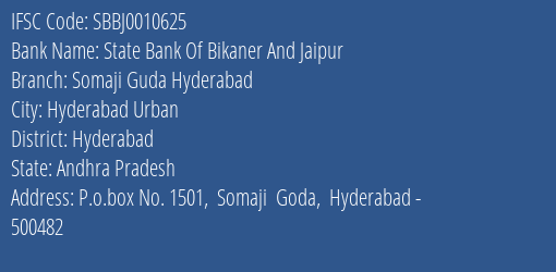 State Bank Of Bikaner And Jaipur Somaji Guda Hyderabad Branch Hyderabad IFSC Code SBBJ0010625