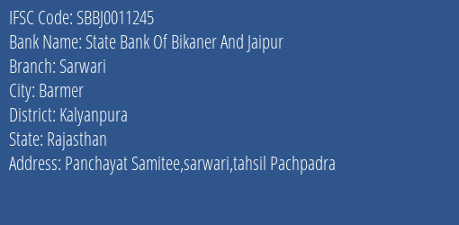 State Bank Of Bikaner And Jaipur Sarwari Branch Kalyanpura IFSC Code SBBJ0011245