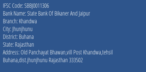 State Bank Of Bikaner And Jaipur Khandwa Branch Buhana IFSC Code SBBJ0011306