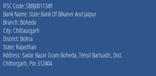 State Bank Of Bikaner And Jaipur Boheda Branch Bohra IFSC Code SBBJ0011349