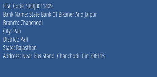 State Bank Of Bikaner And Jaipur Chanchodi Branch, Branch Code 011409 & IFSC Code Sbbj0011409