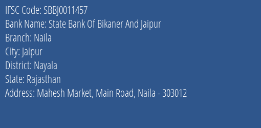 State Bank Of Bikaner And Jaipur Naila Branch Nayala IFSC Code SBBJ0011457