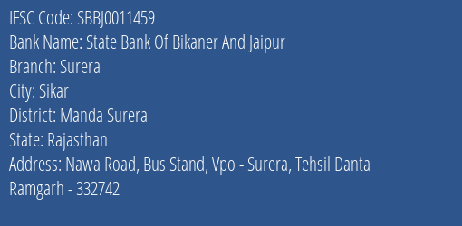 State Bank Of Bikaner And Jaipur Surera Branch Manda Surera IFSC Code SBBJ0011459