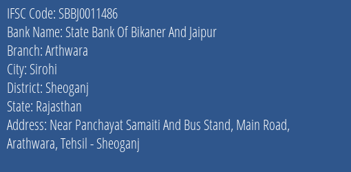 State Bank Of Bikaner And Jaipur Arthwara Branch Sheoganj IFSC Code SBBJ0011486