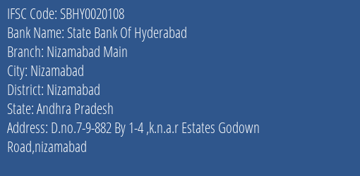 State Bank Of Hyderabad Nizamabad Main Branch Nizamabad IFSC Code SBHY0020108