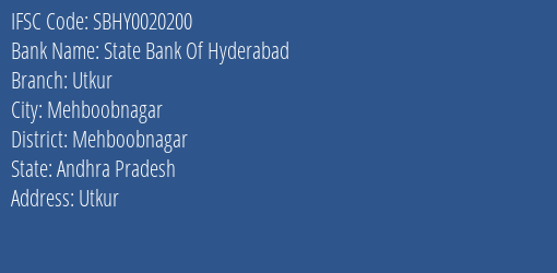 State Bank Of Hyderabad Utkur Branch, Branch Code 020200 & IFSC Code Sbhy0020200