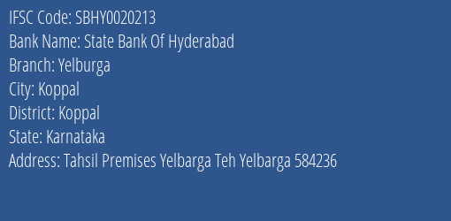 State Bank Of Hyderabad Yelburga Branch Koppal IFSC Code SBHY0020213