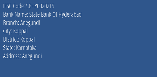 State Bank Of Hyderabad Anegundi Branch Koppal IFSC Code SBHY0020215