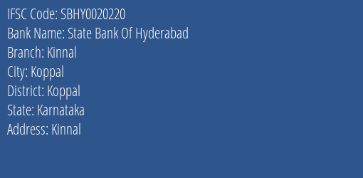 State Bank Of Hyderabad Kinnal Branch Koppal IFSC Code SBHY0020220