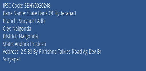 State Bank Of Hyderabad Suryapet Adb Branch Nalgonda IFSC Code SBHY0020248
