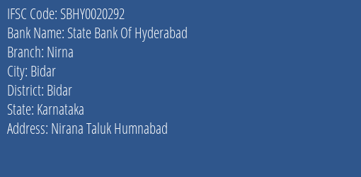 State Bank Of Hyderabad Nirna Branch Bidar IFSC Code SBHY0020292