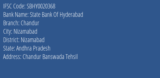 State Bank Of Hyderabad Chandur Branch, Branch Code 020368 & IFSC Code Sbhy0020368