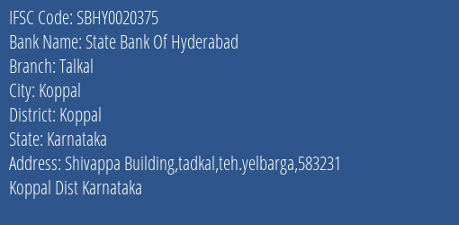 State Bank Of Hyderabad Talkal Branch Koppal IFSC Code SBHY0020375