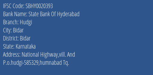 State Bank Of Hyderabad Hudgi Branch Bidar IFSC Code SBHY0020393