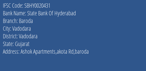 State Bank Of Hyderabad Baroda Branch Vadodara IFSC Code SBHY0020431