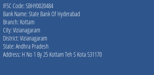 State Bank Of Hyderabad Kottam Branch, Branch Code 020484 & IFSC Code SBHY0020484