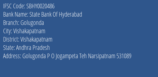 State Bank Of Hyderabad Golugonda Branch Vishakapatnam IFSC Code SBHY0020486