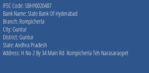 State Bank Of Hyderabad Rompicherla Branch Guntur IFSC Code SBHY0020487