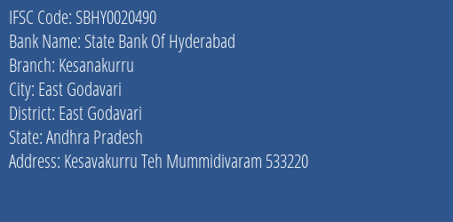 State Bank Of Hyderabad Kesanakurru Branch East Godavari IFSC Code SBHY0020490