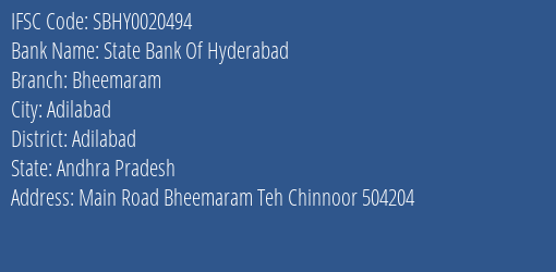 State Bank Of Hyderabad Bheemaram Branch Adilabad IFSC Code SBHY0020494