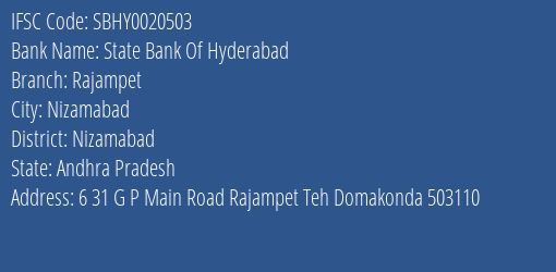 State Bank Of Hyderabad Rajampet Branch Nizamabad IFSC Code SBHY0020503